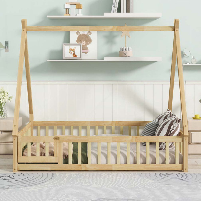 Lit en bois en forme de tente, lit tipi, Naturel, Double
