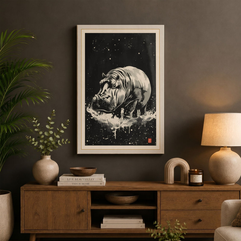 Hippopotamus Under Stars Japandi - Wrapped Canvas, 24x16 - 61.0 x 40.6 cm, Sage Border