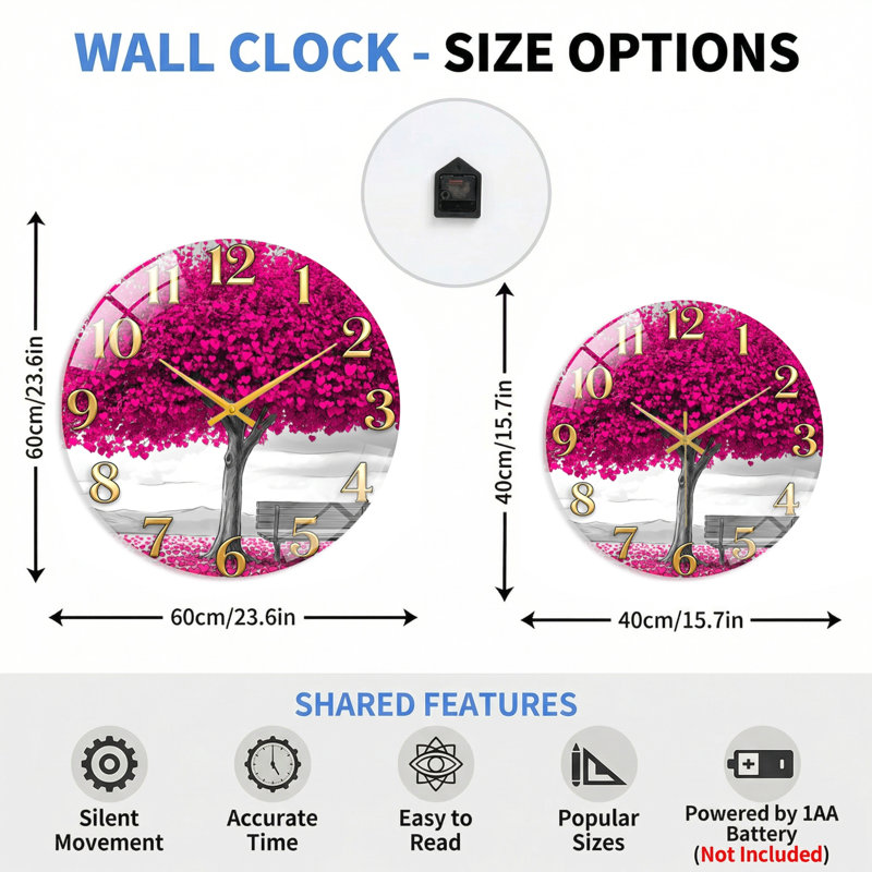 Horloge murale cerise, 60 x 60 cm (23,6 x 23,6 pouces)