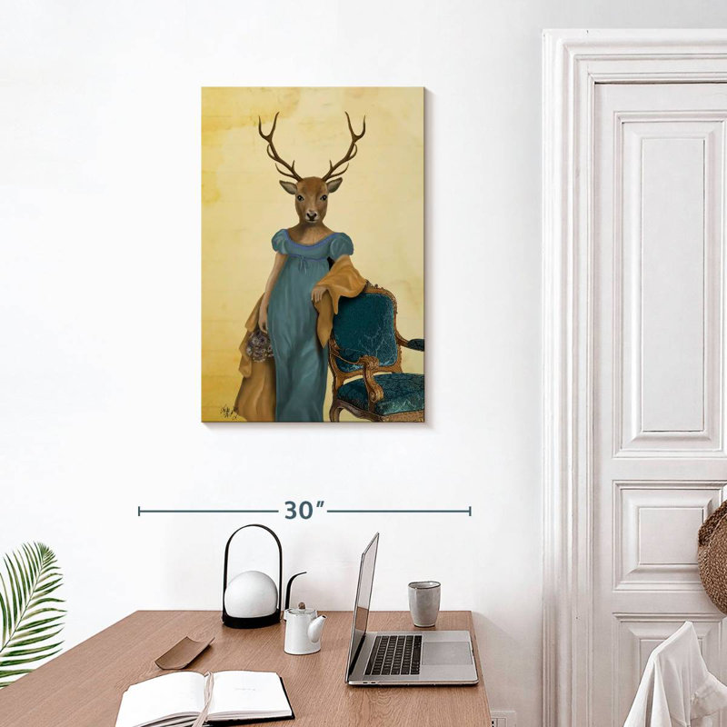 Cerf Brampt en robe bleue, H 30 po x l 20 po