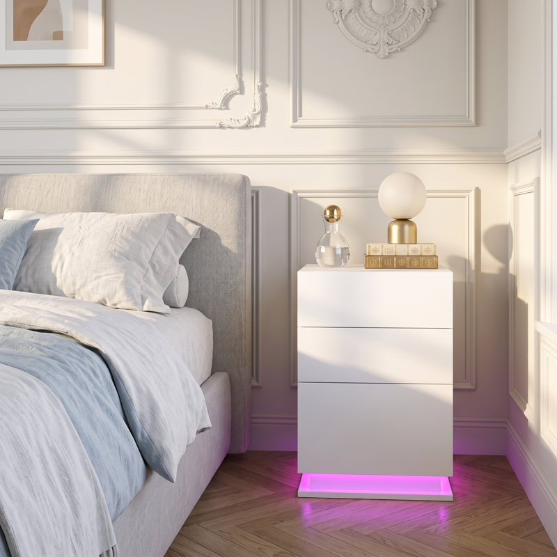 Bedside Table with 3 Drawers, Bedside Cabinet with LED Light & Charging Station, 2AC/2USB UK Plug Narrow Side Table, Wood White Nightstand for Bedroom Living Room Home