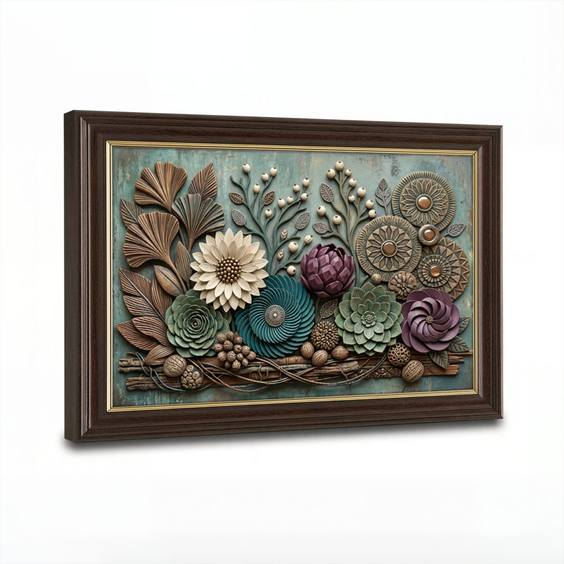 Art mural antique sur toile encadré doré pour le salon, la chambre à coucher, le bureau ou le vestibule - Décoration murale décorative avec relief floral