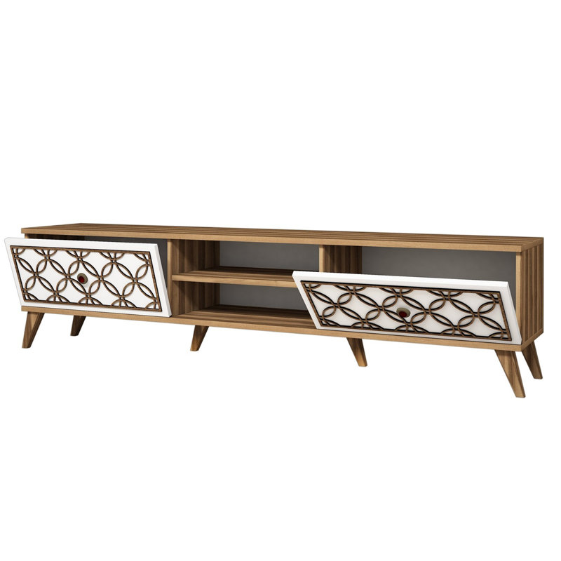 Modern TV Stand with Numerous Shelves, Walnut & White, 70.9 x 17.3 x 13.8 inches | 100% Melamine Coated Particle Board, 0.7 inches Thick | Wall-Mountable, Stylish Geometric Design for Living Rooms