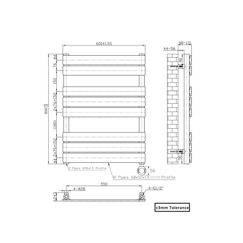Flat Panel Towel Rail Heated Towel Rails, 80cm H x 60cm W x 6.2cm D, Black