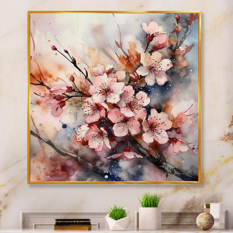 Romarion, rose, gris, pommier, mélodie I sur toile, H 16 po x l 16 po x P 1 po, Cadre flottant doré