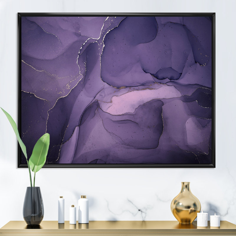" Purple And Grey Marble Ink Clouds II ", 30" H x 40" W x 1.5" D, Black Floater Framed