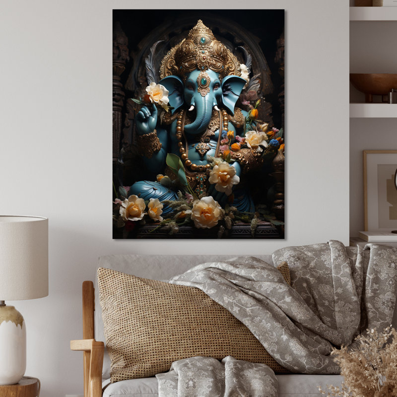 Or indien sarcelle doré mystique Ganesha - décoration murale indienne en métal, H 44 po x l 34 po