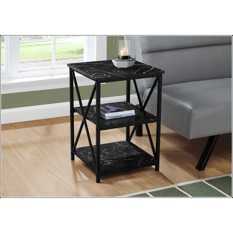 Élégante table d'appoint à 3 niveaux avec finition en marbre noir et base en métal en forme de X pour les espaces de vie modernes