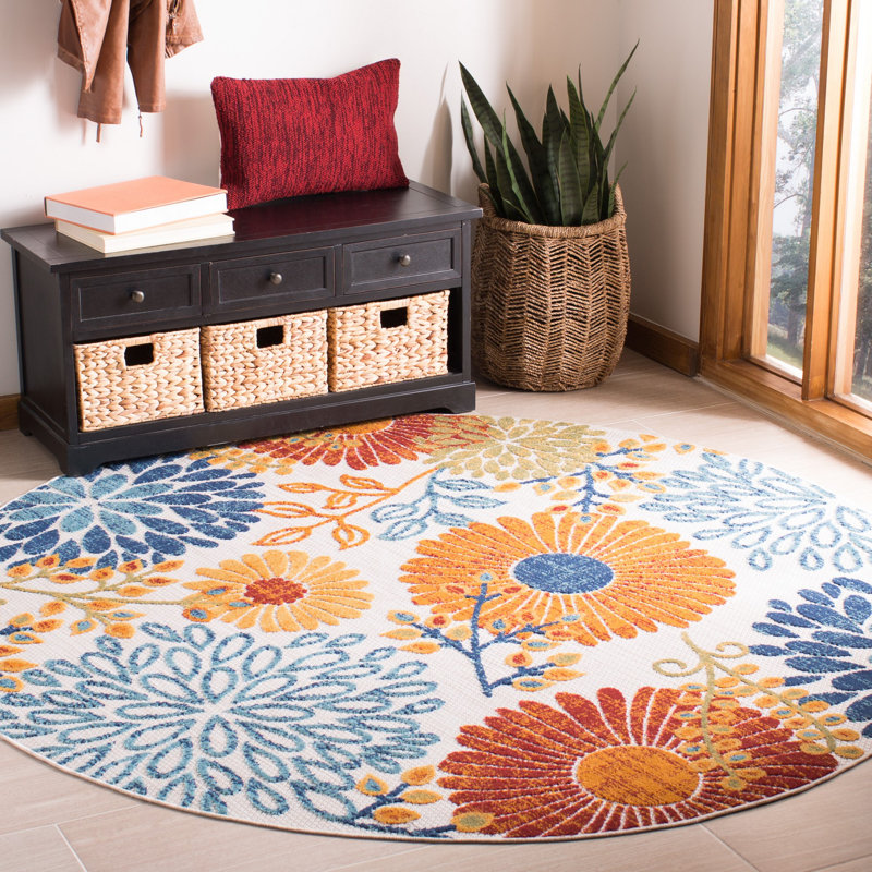 Kellems Performance Floral Indoor/Outdoor Area Rug, Round 3', Blue/Orange/Cream