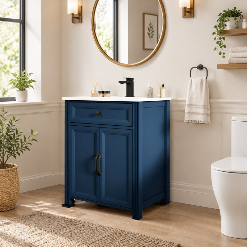 Meuble-lavabo bleu de 70,3 cm (27,66 po) avec lavabo en céramique et tablettes ajustables