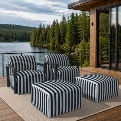Ensemble de patio 4 pièces en aluminium à structure ouverte comprenant une chaise et un repose-pieds rembourrés avec coussins Sunbrella