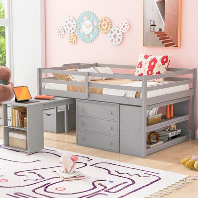 Full Size Loft Bed With Retractable Writing Desk And 3 Drawers, Wooden Storage Stairs And Shelves For Space Efficiency