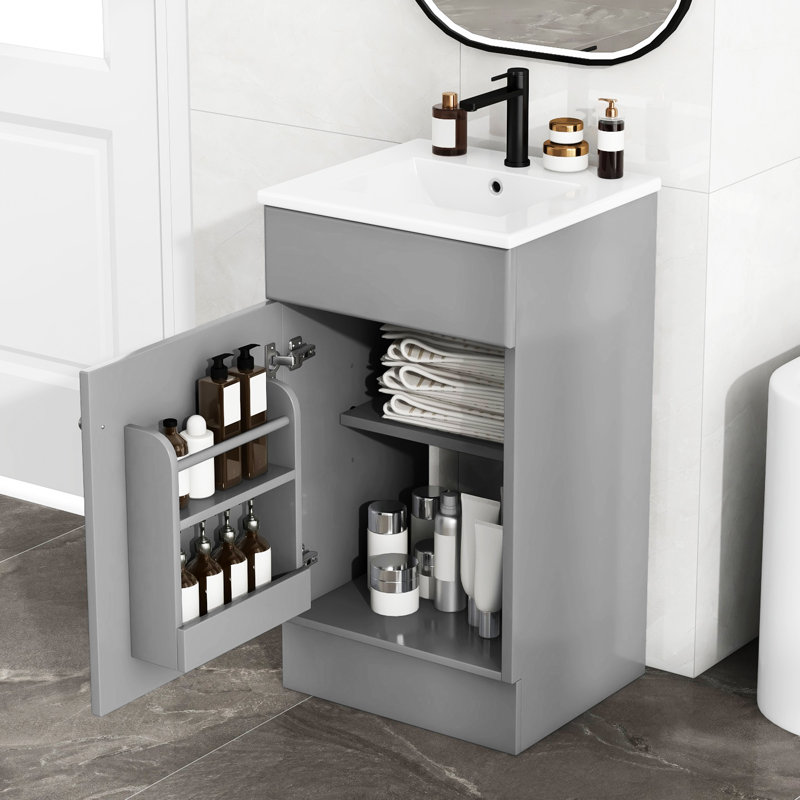 Meuble-lavabo 18 po avec lavabo en céramique, porte et armoire de rangement, Argent, Gris