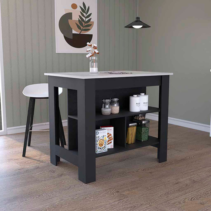 Kitchen Island, Three Shelves, Black / Ibiza Marble Color Finish, Black