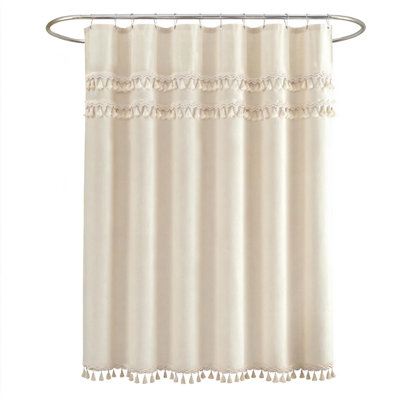 Rideau de douche en lin avec pompons Boho, 1 panneau (beige)