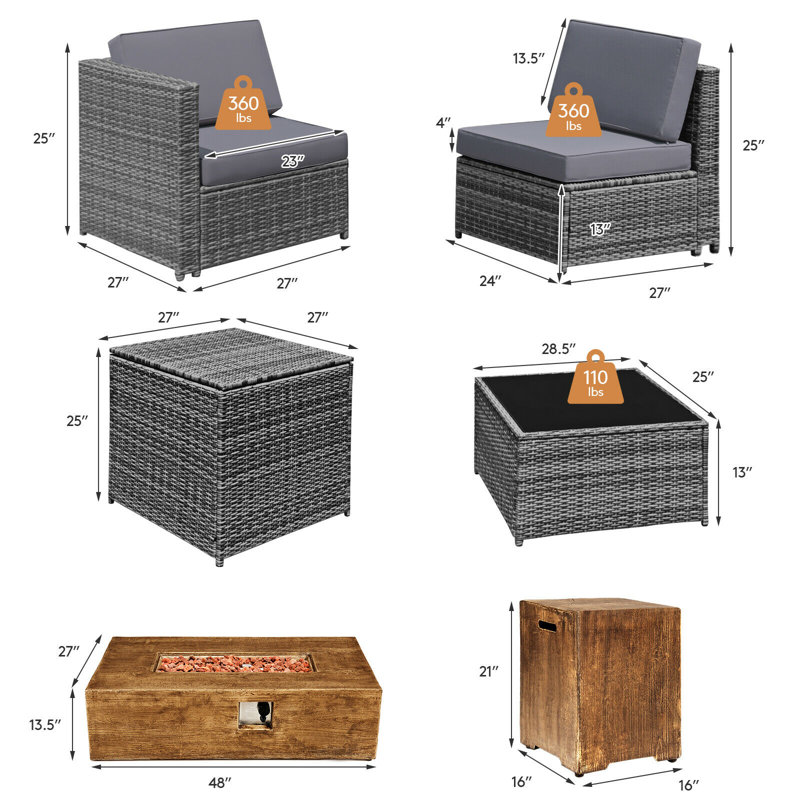 Ensemble de 10 canapés modulaires d'extérieur en rotin avec support de réservoir de table en fosse de sapin de 50 000 Btu