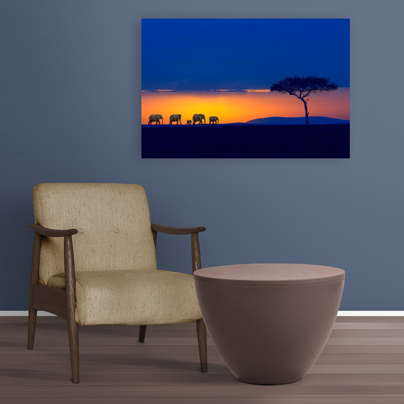 Coucher de soleil africain, éléphants, paysage contemporain abstrait, art mural, 24" H x 36" W