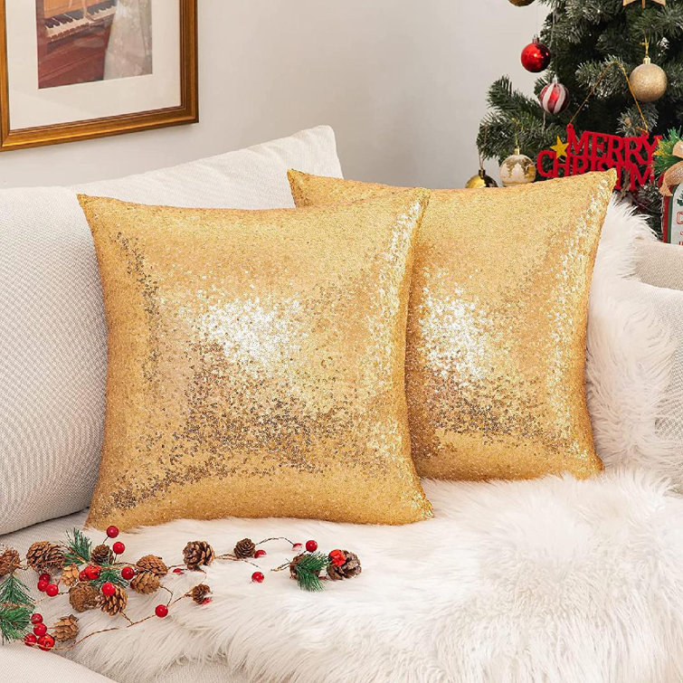 Pack of 2 Christmas Decorative Throw Pillow Covers Solid Square Glitter Sequin Cushion Case for Couch Bedroom Sofa Living Room Gold (Set of 2) Everly