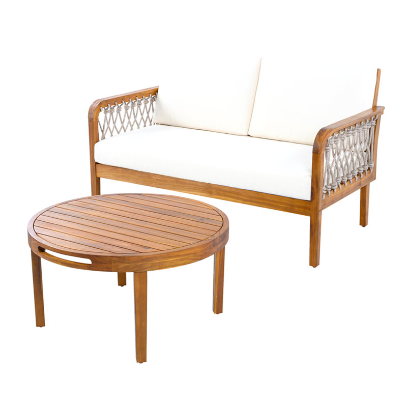 Outdoor Acacia Wood Loveseat & Coffee Table Set With Handwoven Rope, Teak Finish, Teak