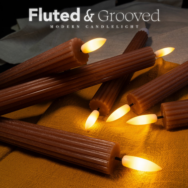 Fluted Ribbed Grooved LED Flameless Taper Candles, Remote, On/Off Button, Battery Operated, 6 Pack, Brown