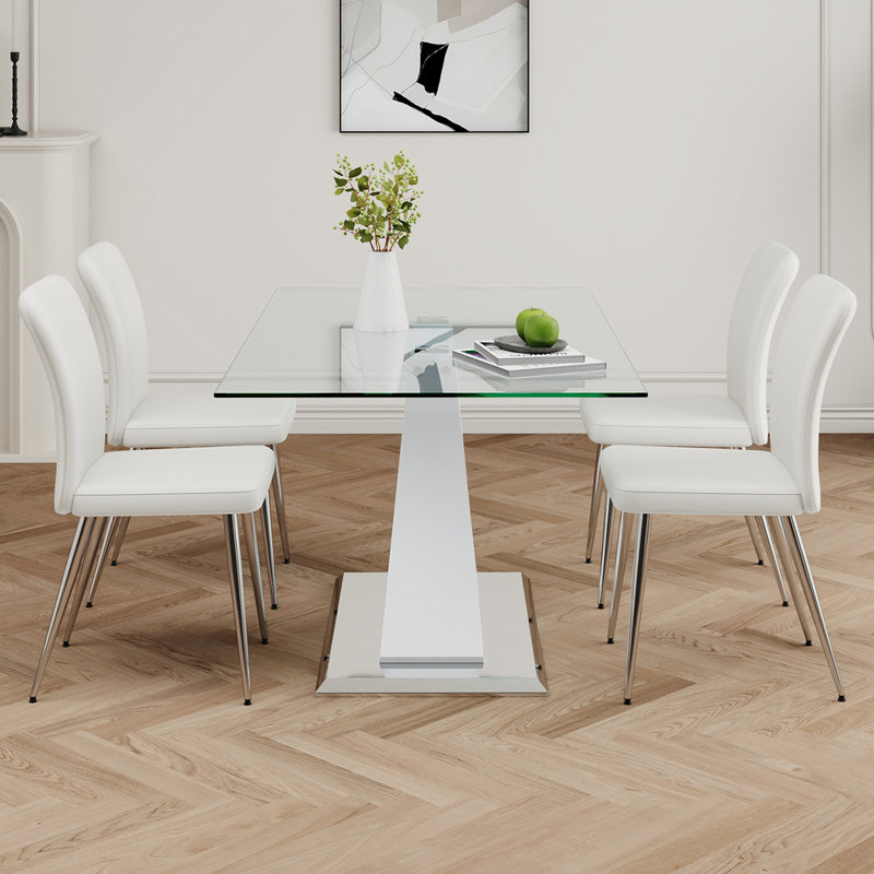 Table en verre de style moderne, design transparent élégant, base de support durable, ensemble de chaises de salle à manger blanches, pieds de chaise galvanisés, convient aux cuisines de restaurant (ensemble de 5)