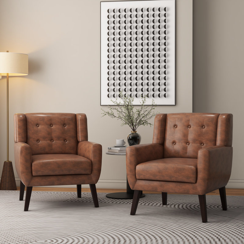 Jaqueze Upholstered Coffee Faux Leather Tufted Square Arm Accent chair, Coffee Faux Leather