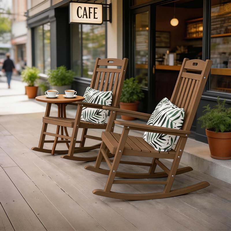Outdoor Adirondack Rocking Chair HIPS All Weather Plastic Patio Chair Rocker（Set Of 2）, Brown