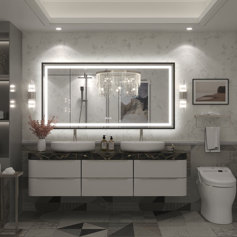 Molly Framelss or Framed LED Anti-Fog Tempered Glass Wall Bathroom Vanity Mirror - UL Certified, 60" x 30", Black