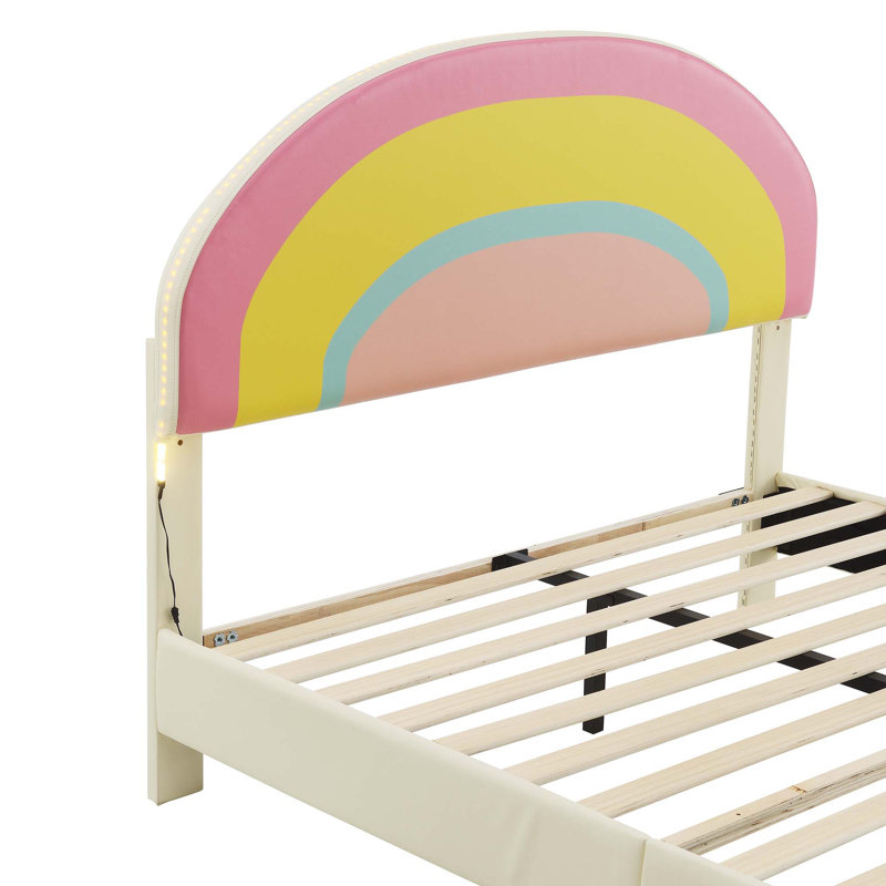 Full Size Upholstered Platform Bed With Rainbow Shaped And Height-Adjustbale Headboard,LED Light Strips