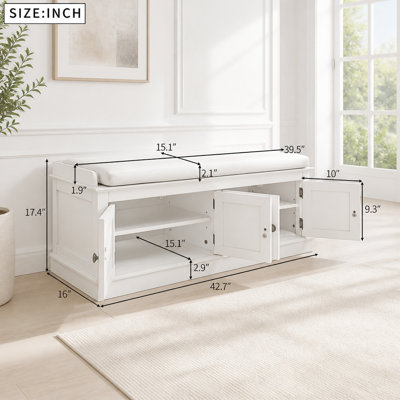 Banc de rangement à 4 portes et étagères réglables, banc à chaussures avec coussin amovible