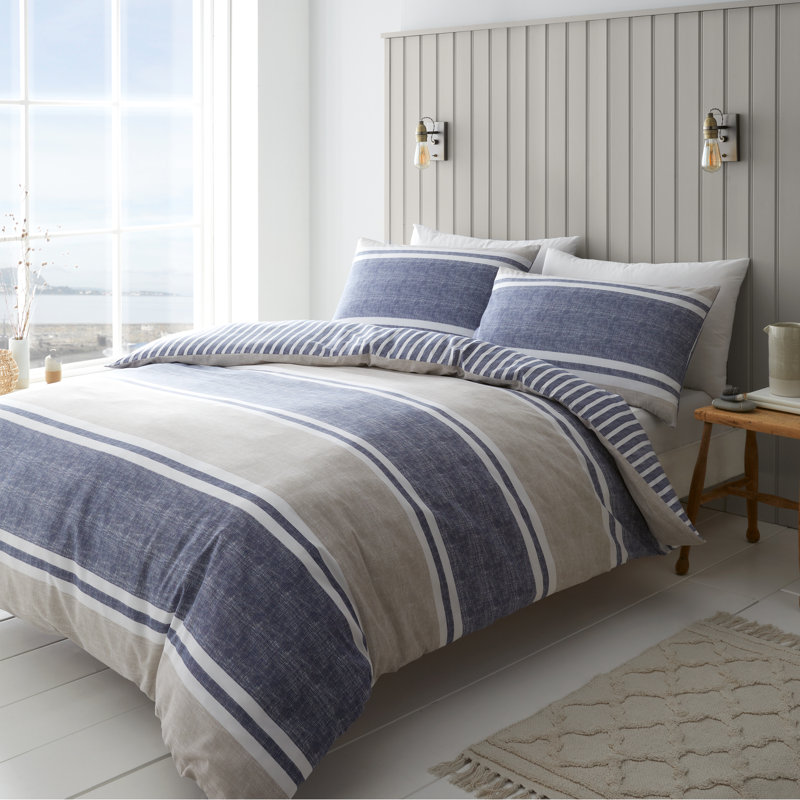 Textured Banded Stripe Reversible Duvet Cover Set with Pillowcases, Blue, Double - 2 Standard Pillowcases