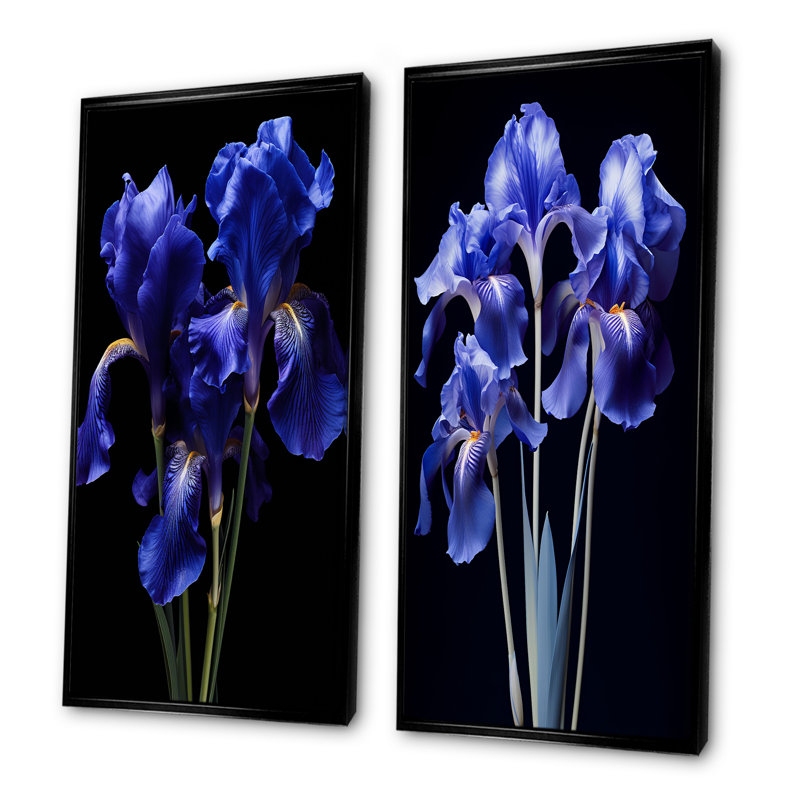 Élégants iris en noir et bleu - ensemble de 2 impressions sur toile Iris, H 28 po x l 25 po, Cadre noir