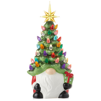 Gnome de père Noël en céramique peint à la main avec arbre de Noël pré-éclairé