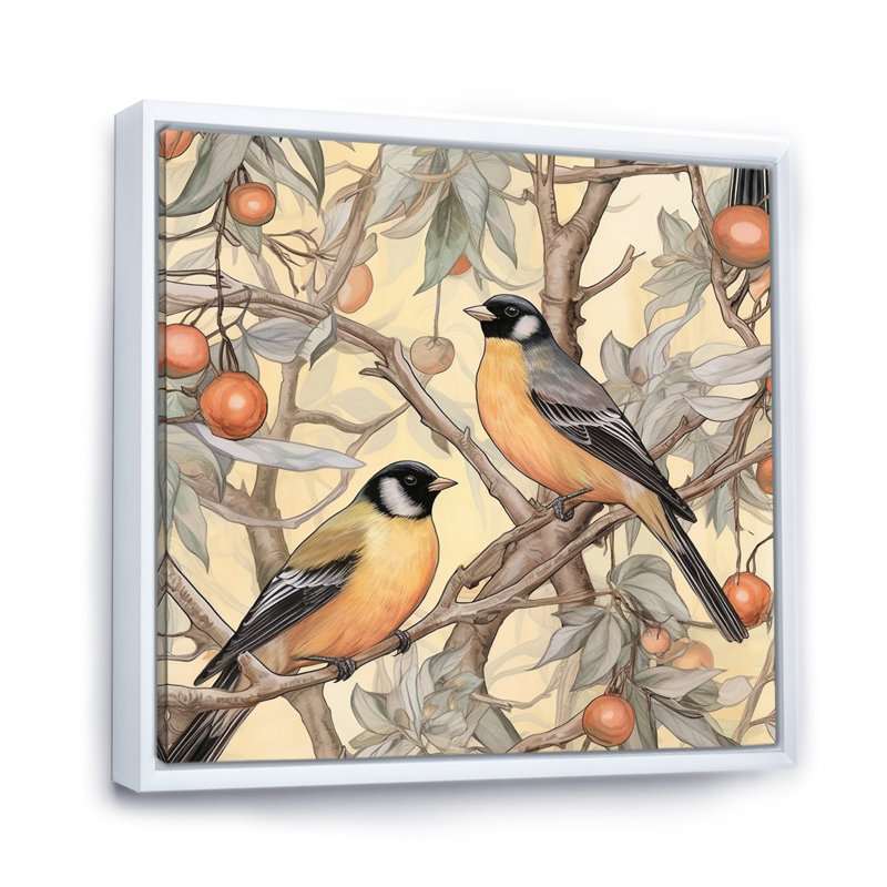 Orange orange, oiseaux noirs sur arbres IV, reproduction sur toile, H 36 po x l 36 po x P 1,5 po, Cadre flottant blanc