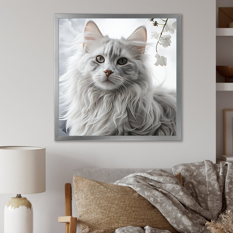 Portrait de chat câlin noir et blanc I - art mural chat, Cadre simple argenté, H 16 po x l 16 po x P 1 po
