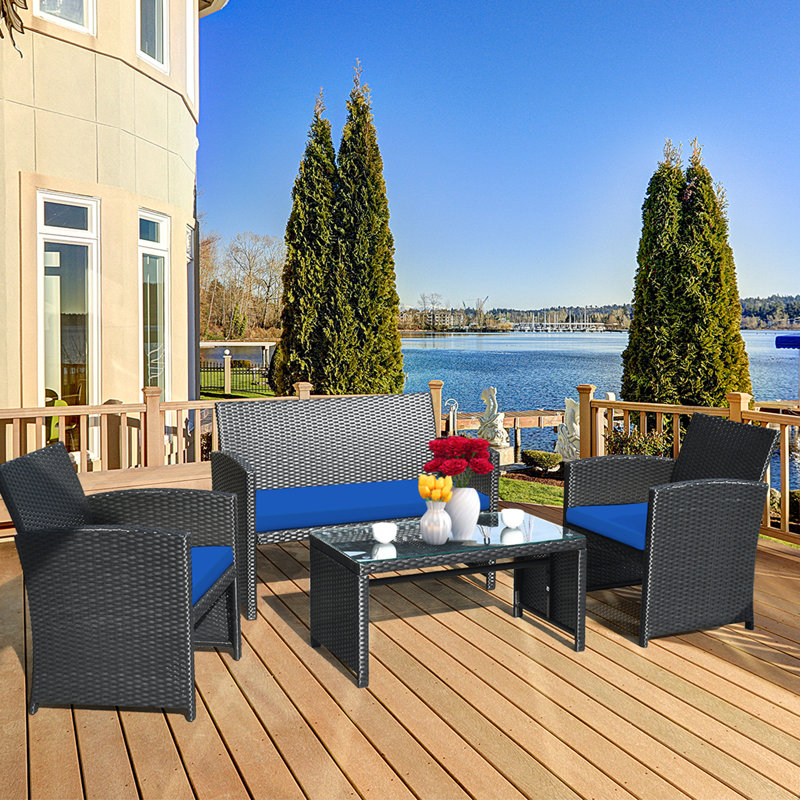 Red Barrel Studio® 4pcs Rattan Outdoor Conversation Set Patio Furniture Set W/ Cushions, Navy