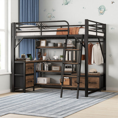 Lit mezzanine avec bureau et DEL, lit mezzanine en métal avec tablettes de rangement, garde-robe et tiroirs de rangement pour garçons filles