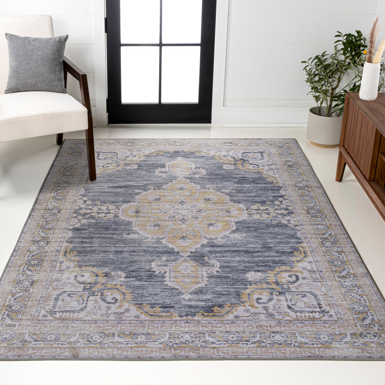 Wincer Chenille Cottage Medallion Machine-Washable Dark Gray/Yellow Rug