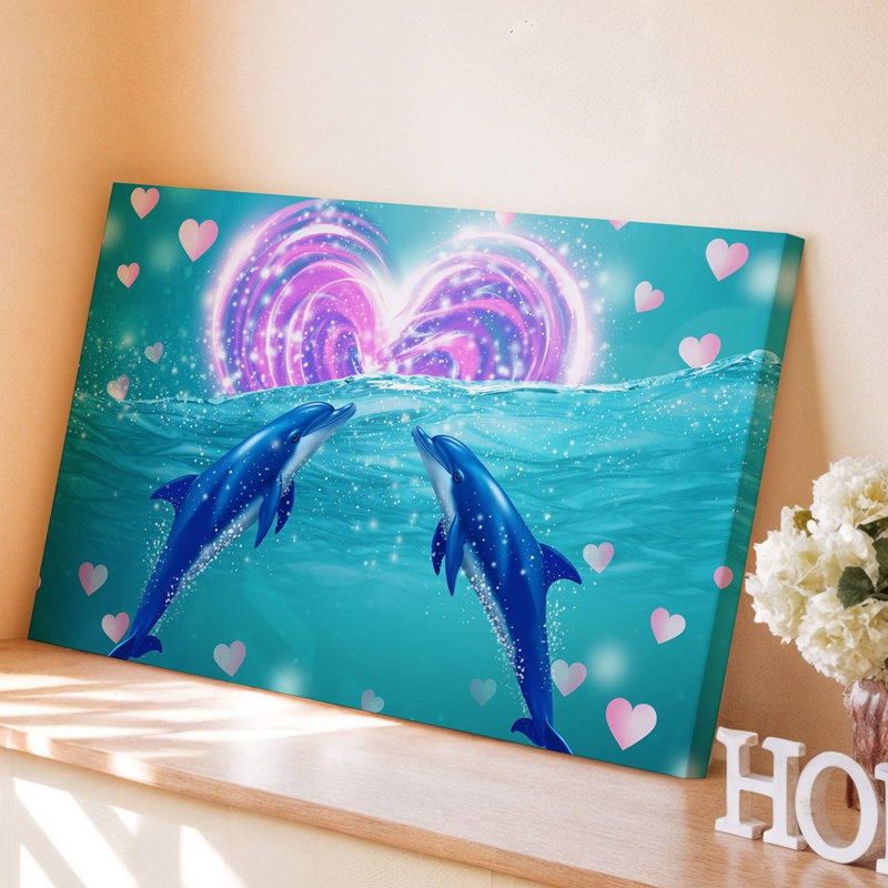 Toile, une scène sous-marine vibrante avec deux dauphins ludiques qui sautent gracieusement, art mural à travers les eaux turquoise scintillantes