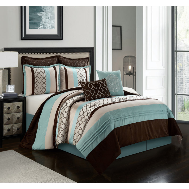 Avalon Microfiber Modern & Contemporary 8 Piece Comforter Set, Cal. King Comforter + 7 Additional Pieces, Aqua/Brown