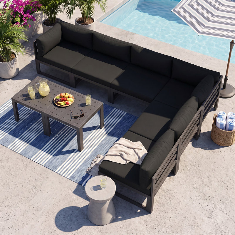 Ensemble de conversation modulaire d'extérieur en aluminium avec coussins et table basse 8 pièces Gilemette, Gris
