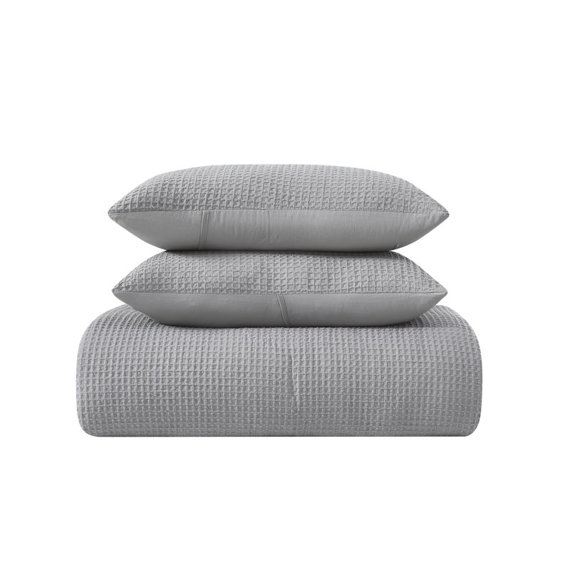 Textured Waffle Weave Comforter Set, Queen Comforter +2 Standard Shams, Gray