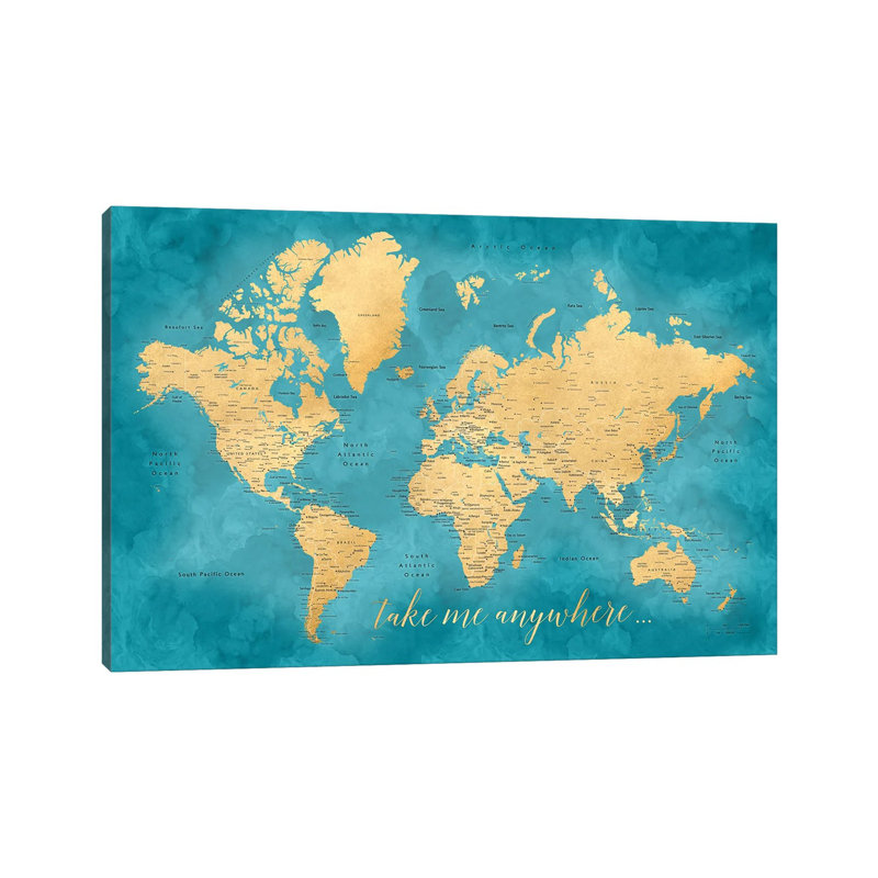 Take Me Anywhere Gold And Teal Detailed World Map by Blursbyai - Gallery-Wrapped Canvas Giclée on Canvas, Canvas