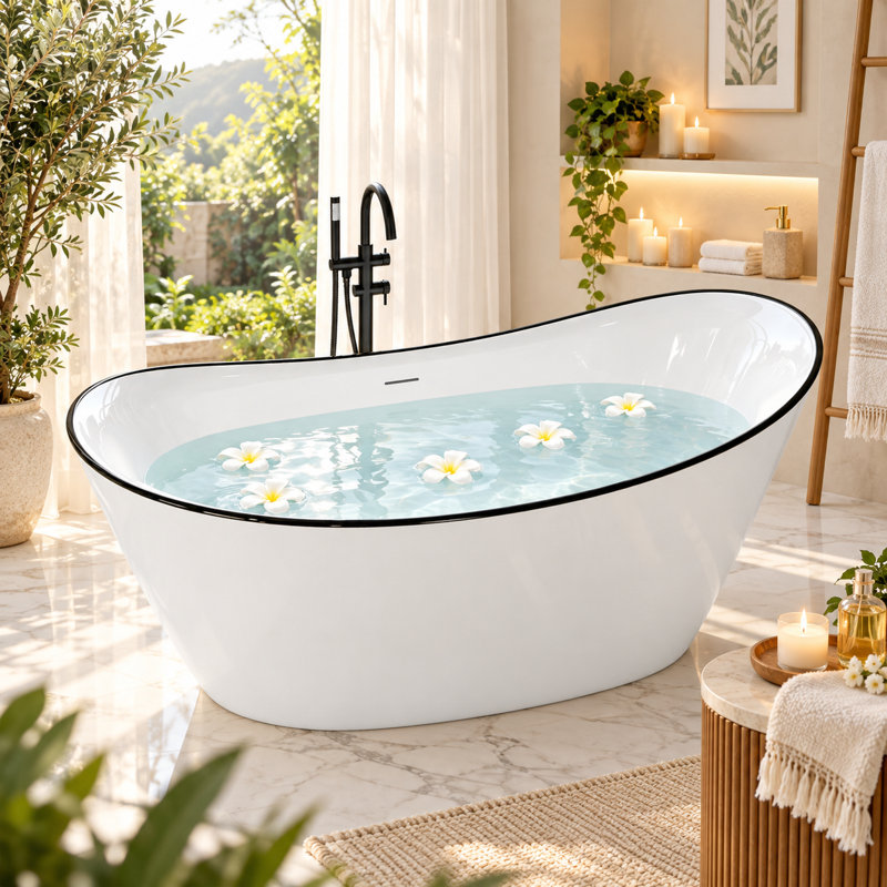 Baignoire de trempage autoportante en acrylique double 59 po, baignoire profonde ovale blanc brillant avec rebord noir, drain central et conception incurvée ergonomique pour salle de bain moderne