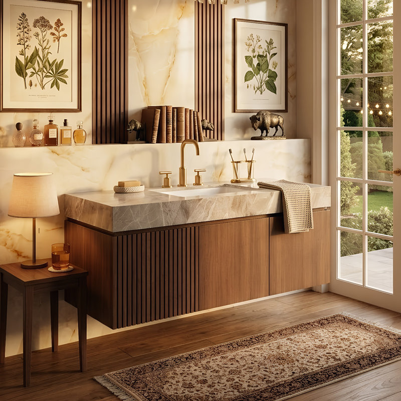 Meuble-lavabo flottant 30 po / 36 po / 48 po avec plateau en pierre frittée et lavabo en céramique, armoire de rangement moderne en bois avec fermeture en douceur et 1 tiroir