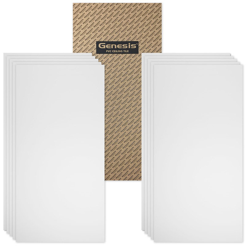 Carreaux de plafond blancs lisses Pro 2 pi x 4 pi Genesis - Installation facile à poser - Imperméable, lavable et ignifuge - PVC de haute qualité pour prévenir les bris - Paquet de 10 carreaux