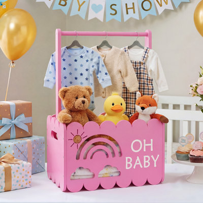 Wooden Baby Shower Crate Closet, Kids Clothes Rack With Storage Box & Hanging Rod, Baby Shower Rack for Toddler Pets Doll, Pink