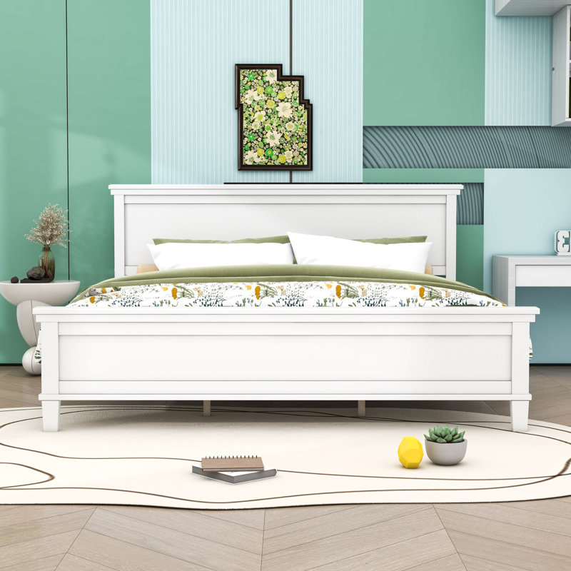 Lit plateforme en bois avec tête de lit, Blanc, Très grand