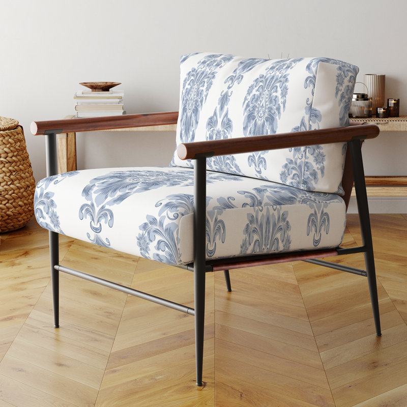Fauteuil d'appoint rembourré à motif damassé bleu