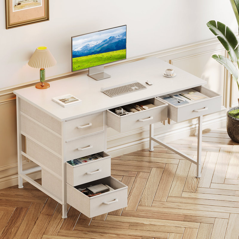 Bureau d'écriture avec tiroirs en tissu à 6 niveaux, bureau à domicile avec design réversible, bureau d'angle moderne avec structure solide